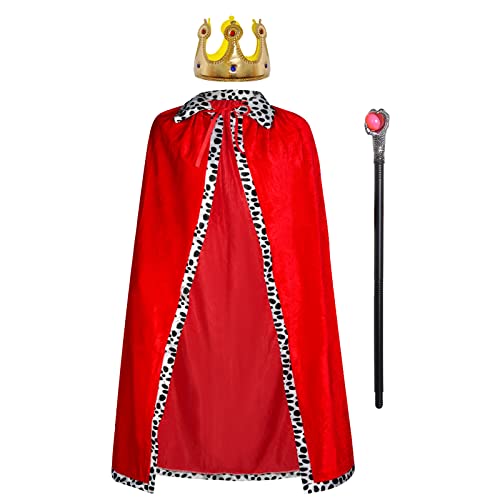 3pcs Königsmantel Königinsmantel Samtmantel Kostüm + Krone König Königin + Zepter für Damen Herren Halloween Erwachsene Mottoparty Theater Fasching Cosplay Karneval Verkleiden (Red, 49.2in/125cm)