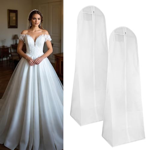2 Stück Brautkleidhülle Kleidersack 180 cm,Anti-Staub Atmungsaktiver Hochzeitskleid Kleidersack mit Mit Reißverschluss, Geeignet für Brautkleider, Kleider, Mäntel, Lange Mäntel usw