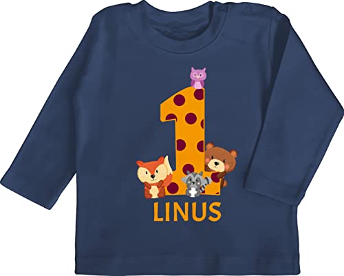 Baby Langarmshirt - 1. Geburtstag - Waldtiere - 1 Jahr - 12/18 Monate - Navy Blau - first birthday outfit boy ich bin schon eins für langarmshirts geburtstagsshirt one maedchen zum 1.geburtstag