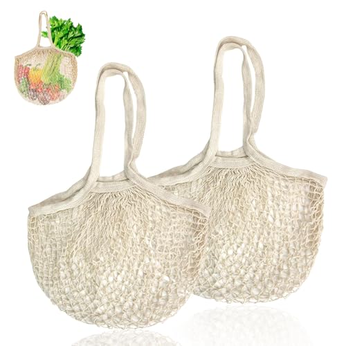HUSOUE Netztasche, 2 Stück Mesh Bag Wiederverwendbare Gemüsebeutel Baumwolle mit Griff Waschbar Netzbeutel Einkaufstasche Netztaschen Faltbare Einkaufsnetze für Obst und Gemüse