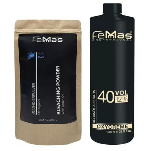 FeMmas Blondier-Set 12% I Blaues Blondierpulver 500g & Oxycreme Entwickler 1000 ml I Perfektes Starterset für die Aufhellung zuhause I Für eine Blondierung um bis zu 9 Tonstufen in Salon-Qualität