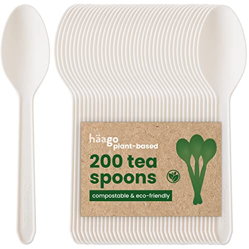 HAAGO 200 Teelöffel Bioplastik-Besteck - Biologisch Abbaubar (Weiß, 12,5 cm) - Mehrwegbesteck für Kaffee, Dessert, EIS