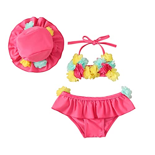 Baby Bikini Set Mädchen Bikini Bademode mit Blumen Kleinkind 3 Teilige Badeanzug 0-24 Monate Neckholder Krawatte Oberteile + Rüschen Shorts mit hoher Taille + Hut Sonnenschutz (Rosa , 12-18 Months )