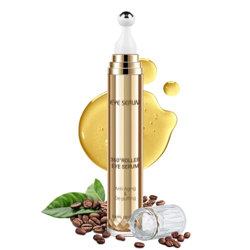 Koffein Augenserum, Augencreme Gegen Augenringe und Schwellungen, Augenpflege, Anti-Aging-Augenserum mit 360°-Massageball, Reduziert Tränensäcke, Falten und Feine Linien