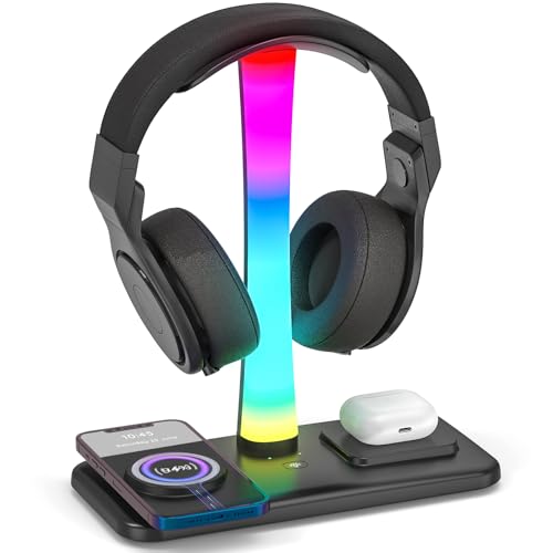 Jubor 3 in 1 RGB Gamning Kopfhörer Ständer, Headset Halterung mit 15W Wireless Ladegerät, Gaming Kopfhörer Halter mit 9 Lichtmodi Speicherfunktion für Alle Kopfhörer