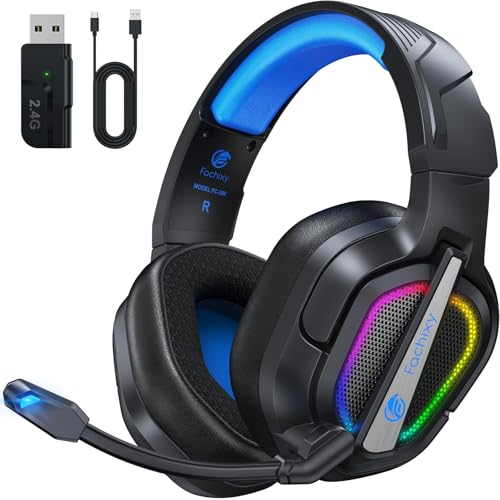 Fachixy「2025 Neu」FC200 Wireless Gaming Headset - 2.4GHz & Bluetooth Kopfhörer mit Mikrofon - 3D Stereo Sound & 40H+ Akkulaufzeit - Für PS4, PS5, PC, Mac, Tablets, Switch, Smartphones, schwarz-blau