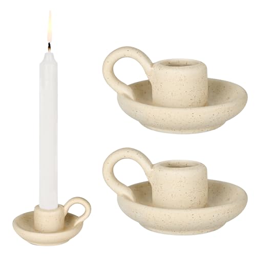 Grünara 2er Set Kerzenständer, Kerzenständer Stabkerzen aus Keramik, Kerzenhalter- Ideal für Schlafzimmer, Wohnzimmer Deko & Tischdeko, Kerzenleuchter - Beige
