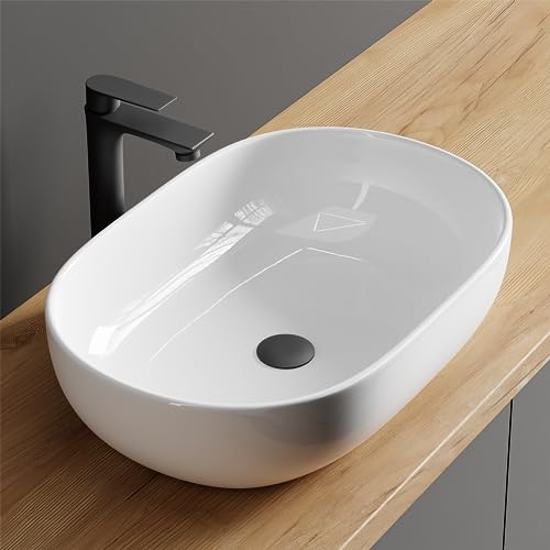 Planetmöbel Aquil Deluxe Waschbecken Oval | Aufsatzwaschbecken für Badezimmer und Gäste-WC | Handwaschbecken ohne Hahnloch und Überlauf | weiß, 60 x 40 x15 cm