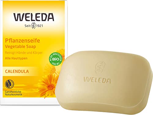 WELEDA Bio Calendula Handseife / Körperseife - natürliche Naturkosmetik Pflanzenseife / Naturseife mit Kokosöl & Olivenöl zur Reinigung sensibler Haut - vegan, nachhaltig & aromatischer Duft (1x100g)