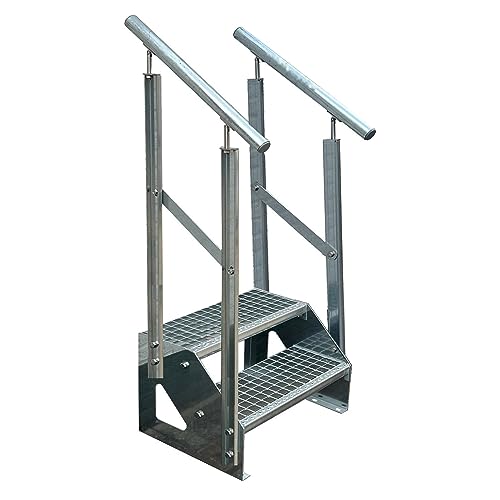 Kaminbau Mierzwa Premium Treppe Freistehend 2 Stufen beidseitigem Geländer (Breite 1400 mm) (Höhe 38cm) Wetterfest Gitterroststufe Gartentreppe