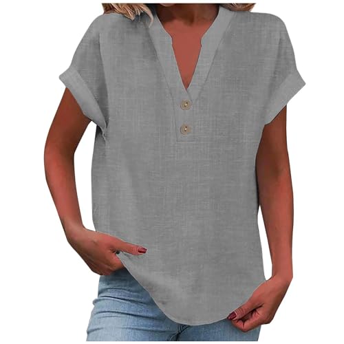 KOG Damen T-Shirts Fashion Leinenbluse Longshirt Casual Kurzarm Blusen Teenager Bluse Vintage Leinenshirt Kleidung Amazon Warehouse Deal Frau Rundhals Sommer T-Shirt Gutscheine Grau XL