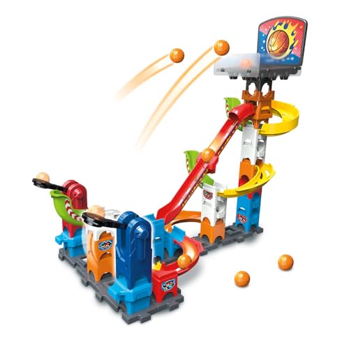 VTech - Marble Rush, Kugelbahn Basketball Set S500, BAU- und Katapultspiel mit Basketballkorb, 41-teilig, 6 Kugeln, Geschenk für Kinder ab 4 Jahren – Inhalt auf Französisch