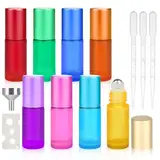 Roll on Glasflaschen für Ätherisches Öl, 8 Farben Roll on Flasche Leer mit Edelstahl-Ball, Bunt Rollon Flaschen mit Öffner, Tropfer, Trichter für Ätherische Öle, Parfüm, Massage (5ml 8pcs)