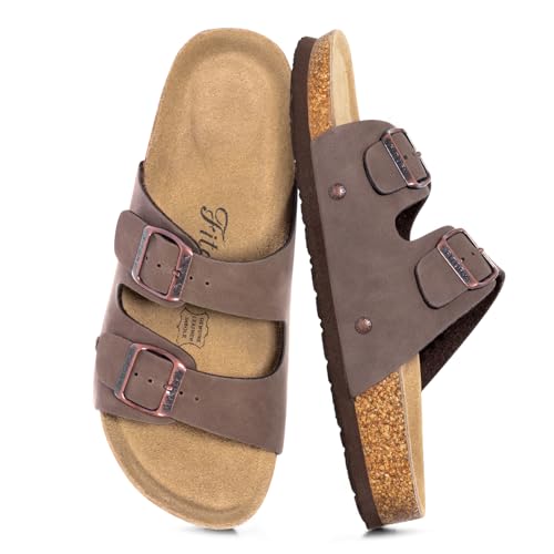 FITORY Damen Pantoletten mit Kork-Fußbett Leder Bequem Rutschfest Sandalen Frauen Sommer Latschen Schlappen Hausschuhe verstellbaren Riemen Größe 37-43 bräunlichgelb Größe 38