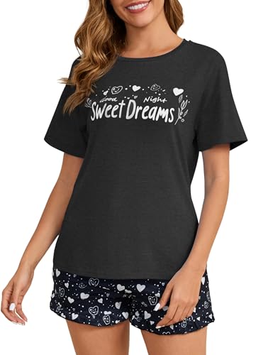 Damen Schlafanzug Kurz Sommer Baumwolle Pyjama Set Bedruckt Top und Short, S-XXL, Dunkelgrau, XL