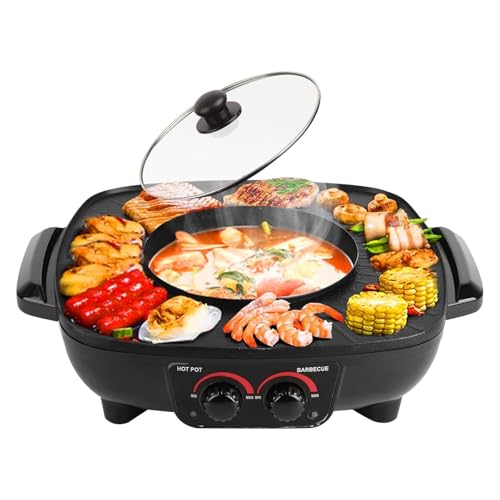 Hot Pot Elektrisch,2in1Multifunktions Elektrischer Hot Pot Grill mit unabhängigerTemperaturregelung,Rauchfreier/Antihaftbeschichteter BBQ Hot Pot Topf für 2-4 Personen