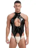 FEESHOW Herren Wetlook Body Unterwäsche Offener Schritt Männer Body Sexy Bodysuit Lack Leder Overall Ouvert Stringbody Schwarz 3XL