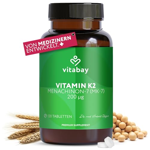 Vitabay Vitamin K2 Hochdosiert 200 µg (mcg) - 120 Vitamin K2 Tabletten Vegan & Laborgeprüft - MK-7 (Menachinon-7) aus natürlichen Zutaten in All-Trans Form - Hohe Bioverfügbarkeit