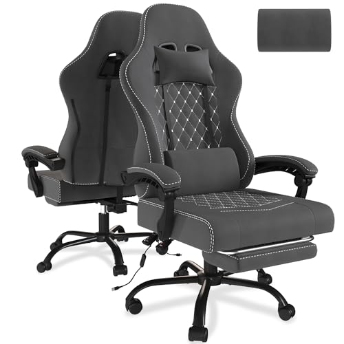 Devoko Massage Gaming Stuhl, Racing Gamer Stuhl aus weichem Hightech-Stoff mit Massage-Lendenwirbelstütze, Fussrasten, 150 kg Belastbarkeit, Ergonomischer Bürostuhl (Grau-New)