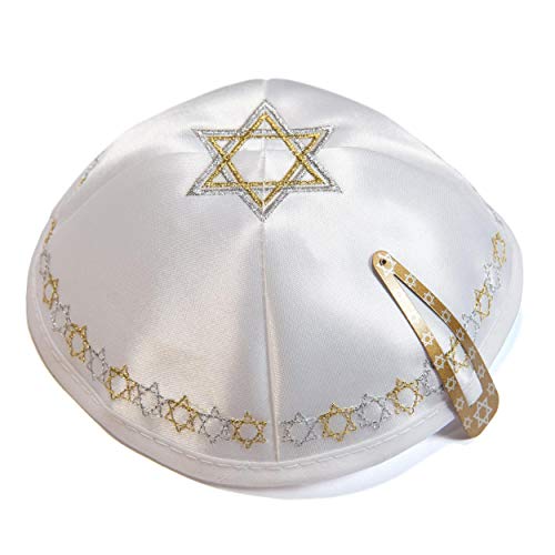 JL Kippha's Satin 2cm Weiß gestickte Magen David Kippah jüdischen Kippa Synagoge