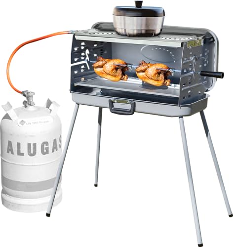 BERGER Camping Gasgrill Klappbar | Tragbarer Koffergrill mit 3 Brenner | 50 mbar für schnelles Kochen | 3 Kochstellen & ein Grillspieß inklusive | Für das ultimative Grillvergnügen