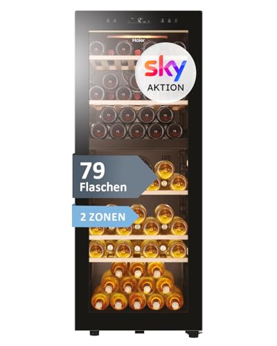 Haier Weinklimaschrank 50 SERIE 5 HWS79GDG I Weinkühlschrank für 79 Flaschen I Neue Technologie für beste Lagerung I Weinkühlschrank 2 Zonen, UV-Glastür & 5 Holzregalen I Wine Fridge vibrationsarm