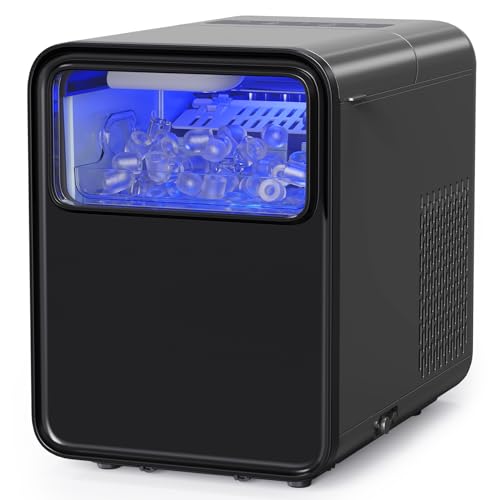 QEXREED Eiswürfelmaschine, Eiswürfelmaschine klein 12kg/24h, 9 Würfel in 6 Minuten, Selbstreinigende Eiswürfelbereiter mit Eisschaufel und Korb, 2 Eiswürfel-Größen, Schwarz