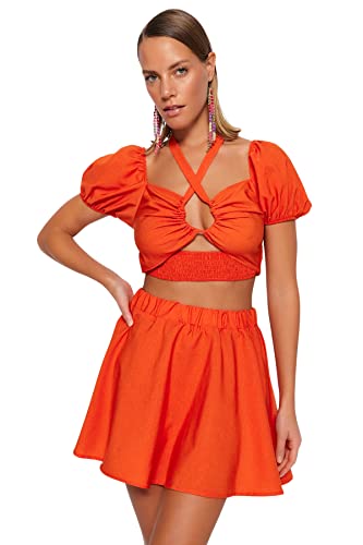 Trendyol Damen Zweiteiler-Set, florales Muster, gewebt Hemd, Orange, UK 10