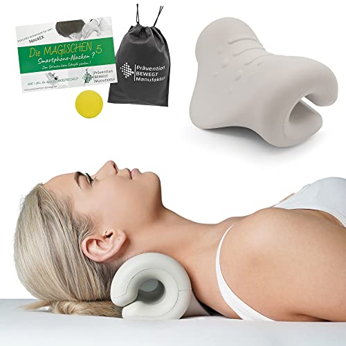 Nackenstrecker Kissen-Neck EX-Massage Gerät für Nackenschmerzen, für Hals-Rücken und Nacken Verspannungen mit extra Übungsheft von deutschen Physiotherapeuten Prävention Bewegt Manufaktur (beige/grau)