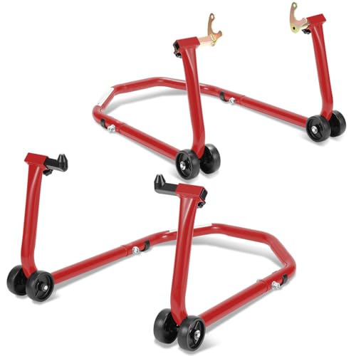 Eikuavons Motorradständer hinten & vorn Motorrad Set, Motorradheber Motorrad Ständer Motorrad Heber mit 4 Rollen Motorrad Hebebühne, Stabilität, Belastbar bis 300 kg (Rot)