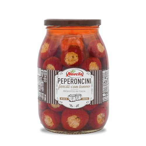 Novella PEPERONCINI FARCITI CON TONNO - Peperoni mit Thunfischfüllung - italienische Kirschpaprika - Antipasti-Vorspeise - fruchtig-scharf - 950 g im Glas
