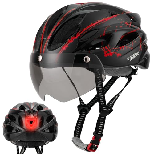 Favoto Fahrradhelm Herren mit Visier Rücklicht Abnehmbares Innenfutter Damen Fahrrad Helm EPS-In-Mold Technologie Atmungsaktiv Leicht 57-61cm Einstellbar Schwarz-Rot