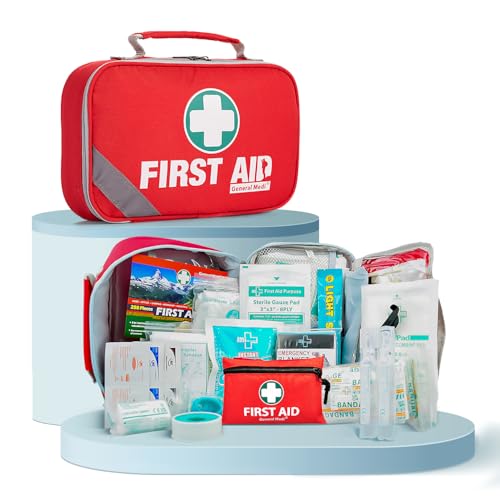 General Medi 2-in-1 Erste Hilfe Set, 215-teiliges Premium-Erste-Hilfe-Set mit einem 43-teiligen Mini-Erste-Hilfe-Set für Haus, Auto, Reise, Büro, Sport, Wandern, Camping, Rettung (Rot)