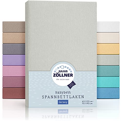 Julius Zöllner Jersey Spannbettlaken für Baby- & Kinderbett, 100% Jersey-Baumwolle, OEKO-TEX Standard 100 zertifiziert, Größe: 60x120cm / 70x140cm, 2er Pack, hellgrau