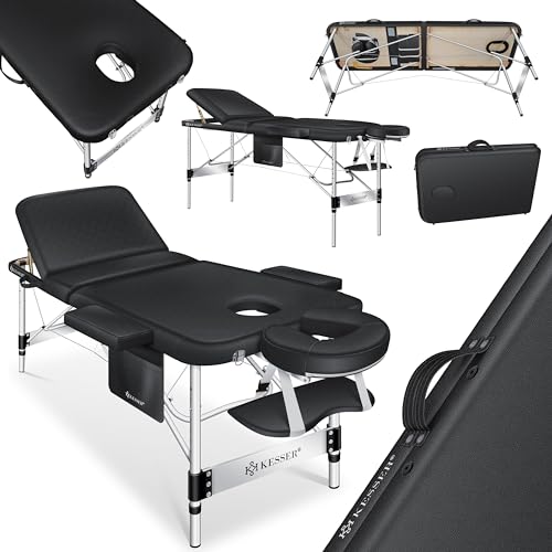 KESSER® Mobile Massageliege 70 cm Breit klappbar & höhenverstellbar 3 Zonen Massagebett Massagetisch Kosmetikliege Therapieliege Aluminium + 10x Gesichtsauflage mit Kopfstütze Armlehnen Tasche Schwarz