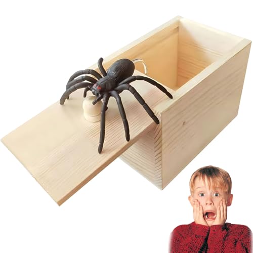 HSLPSM Spinne In Box, Prank, Spinnen Spielzeug Box Holz, Spinnen Prank Box, Scherzartikel für Halloween Streich, Plastik Schwarze Realistische, für Erwachsene Kinder Springendes Geschenkboxen (B)