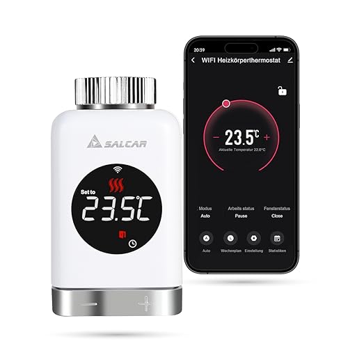 SALCAR Heizkörperthermostat TRV801W Thermostat Heizung Smart LCD WiFi Thermostat kompatibel mit Amazon Alexa & Google Home Heizungsthermostat Tuya Smartes Heizkörper, kein Gateway Erforderlich