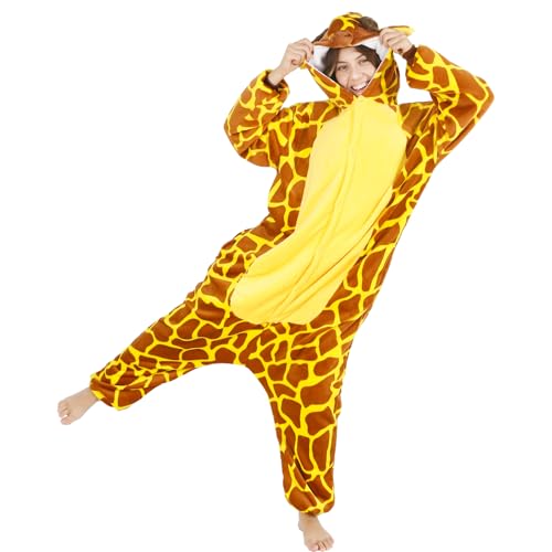 Unisex Erwachsene Plüsch Pyjama Schlafanzug Giraffe Tier Schlafanzug Giraffe Tier Kostüm Tier Onesie Tier Einteiler Pyjama Damen Herren Jumpsuit Cosplay Schlafanzug Jumpsuit Halloween Karneval