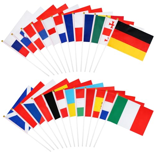 24 Stück EM Flagge Klein, 24 Länder Mini Handflaggen Euro Europameisterschaft Fußball Deko, Doppelseitige Stoff Fanartikel Flagge mit Stange für Euro Fußball 2024