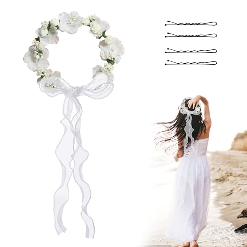 LETTERASHQP Blumenkranz Haare Haarschmuck Hochzeit Blumenkrone Haarkranz mit Perlen Bänder Blumenkranz Haarreif Blumenmädchen Mädchen Braut für Party Festival Hochzeit Strand