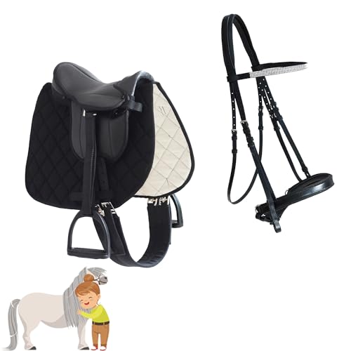 MY SWEET PONY® Kinder Shetty Sattel-Set + Trense in Schwarz | für Pony Shetty und Holzpferd | Alles enthalten | kompletter Sattel + Trense | Ideal für erste Reitversuche | Sattel DIN geprüft