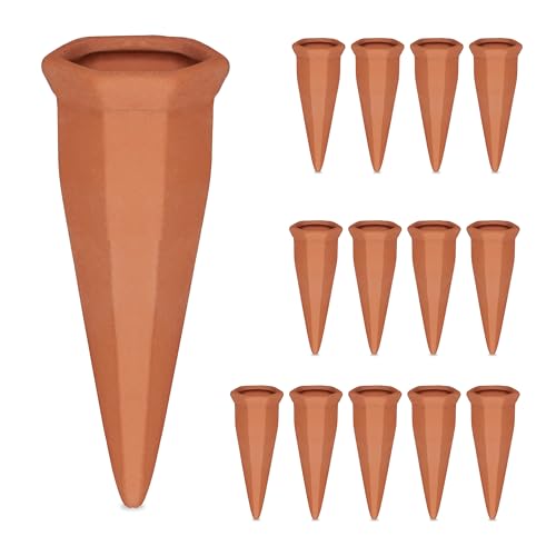 Relaxdays Tonkegel Bewässerung, 14er Set, Gießkegel für 1,5 l PET-Flaschen, Zimmerpflanzen & Balkonkästen, terrakotta