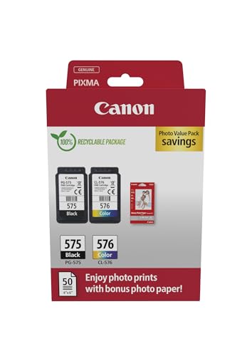 Canon Originaltinte PG-575 / CL-576 (2 Tintenpatronen; Schwarz+Farbe) - Photo Value Pack (inkl. Canon Fotopapier GP-501 50 Blatt 10x15cm)