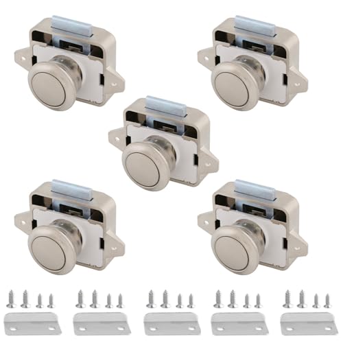 Schlüssellos RV Schrankschlösser mit Groß Push Button, ABS RV Cabinet Catch Verriegelung für RV Wohnmobile Wohnmobil-Anhänger Wohnwagen Van Yachten Boote (Perlnickel 5 Stück)