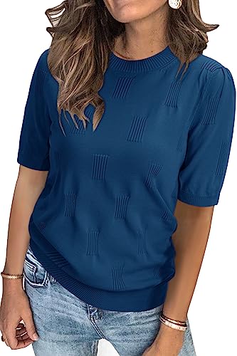 Arach&Cloz Pullover Damen Kurzarm Strickpullover Elegant Rundhals Frühling Sommer Sweatshirt Tops Oberteile Pulli (Lake Blue,XL)