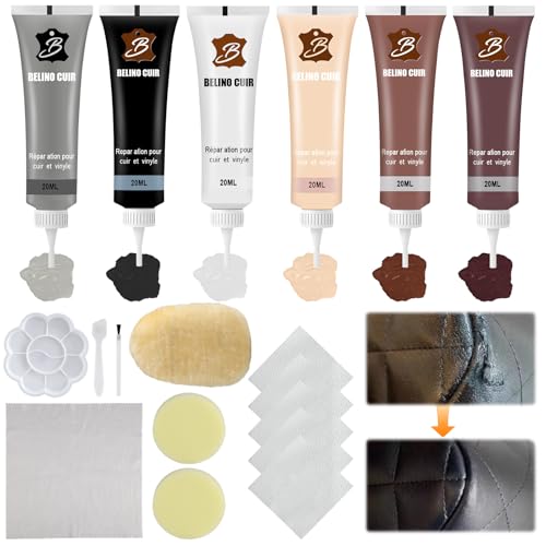 JIANGZHIB Lederreparatur Creme, 6 Farben Leder Reparatur Set, Kunstleder Reparaturset mit Dicke Handschuhe, Schwamm und Handtuch, Lederreparatur Set für Autositze, Sofa, Lederjacke, Schuhe