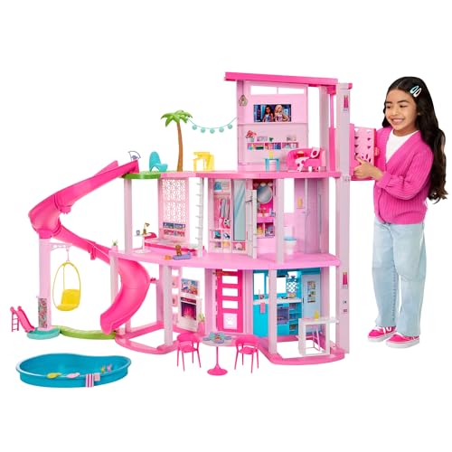 Barbie Traumvilla, 3-stöckiges Barbie-Haus mit 10 Spielbereichen inklusive Pool, Rutsche, Aufzug, 75 Puppen-Accessoires, Spielzeug-Welpe, Spielzeug für Kinder ab 3 Jahre, HMX10