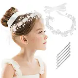 HOWAF Hochzeit Haarschmuck für Mädchen und Blumenmädchen, Haarschmuck Kommunion Mädchen Prinzessin Weiße Blume Kopfschmuck Perlenhaar Kleid Kristall Haarreife Hochzeit Haarbänder Hochzeit Haarschmuck