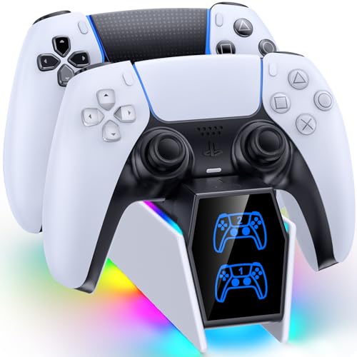 PS5 Controller Ladestation mit Cool 9 RGB Modi, 2 Std Ladestation PS5 Controller Charger Zubehörset mit 2 Typen 5V/3A Ladekabel, PS5 Ladestation für Controller DualSense, PS5 Zubehör