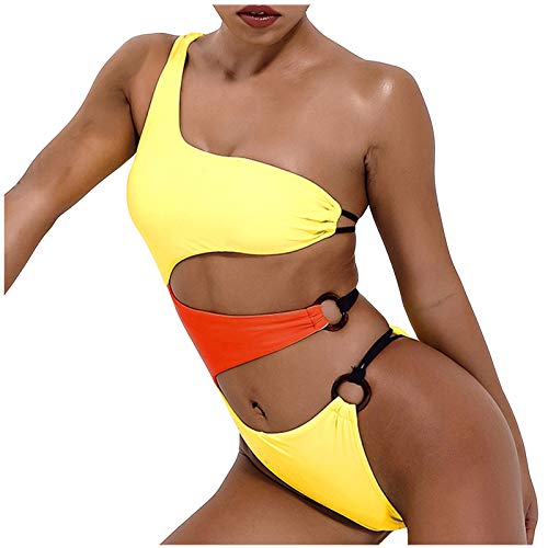 Generisch Eleganter Damen Badeanzug Einteiler für Schwimmen, Sport Freizeit, Stilvoller Tankini Badeanzug für aktive Frauen (Yellow, M)